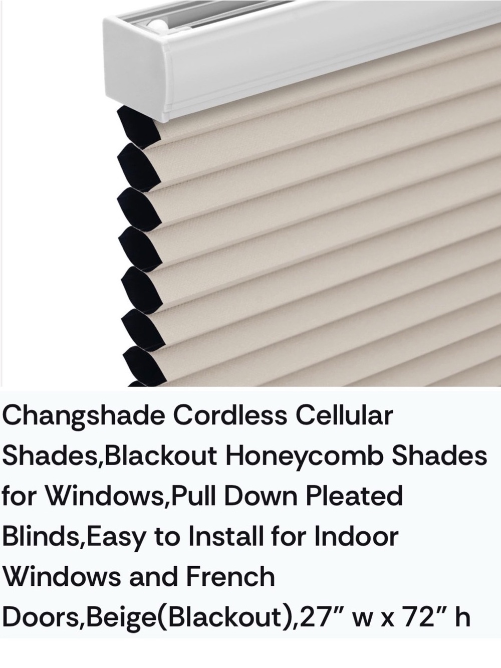 Changeshade Cordless Cellular Shade 100% Blackout Beige 27 x 72 NWT